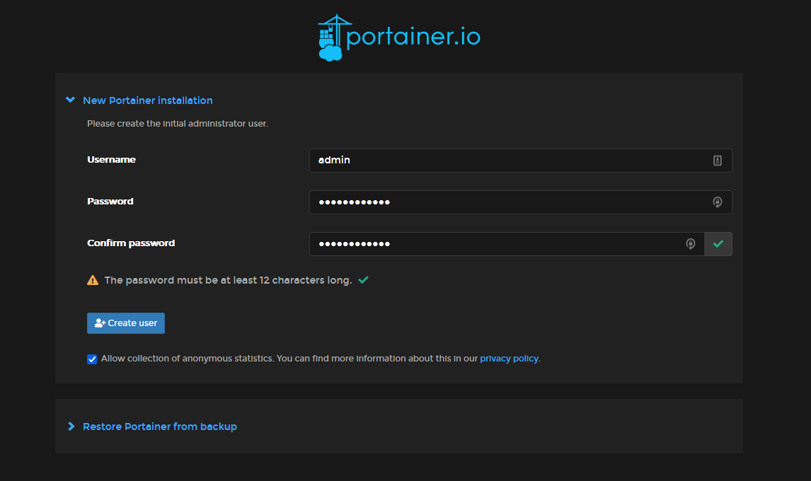 Initial login screen for Portainer