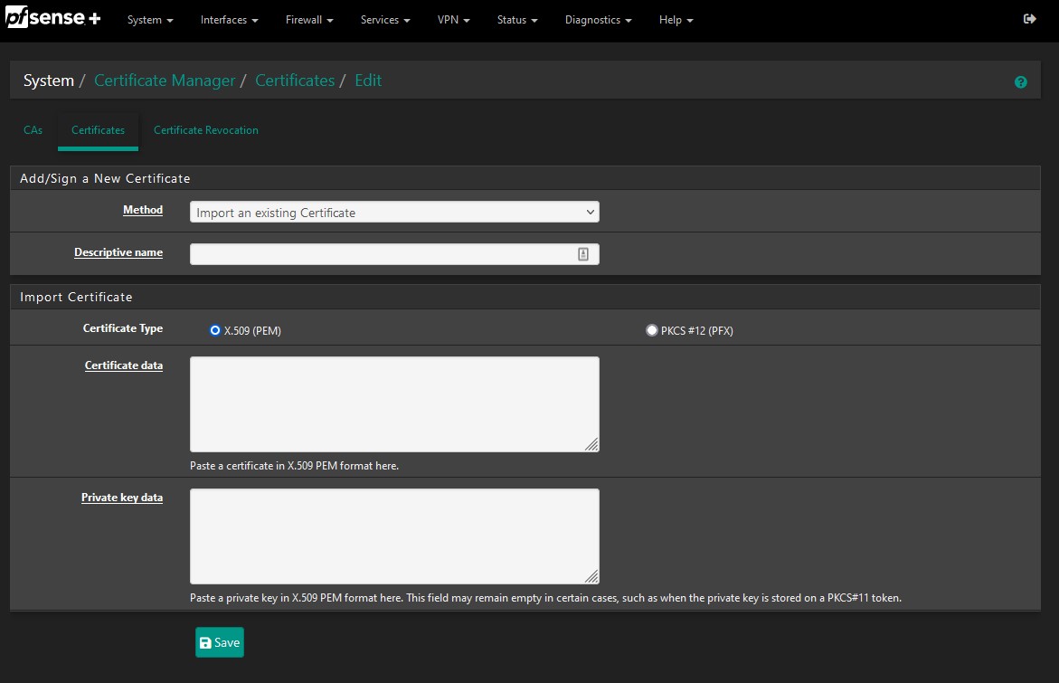 pfSense Import Certificate